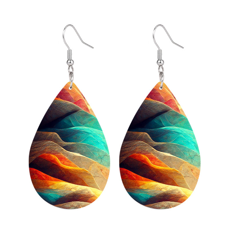 Colorful Mountain Print Teardrop Dangle Earrings Elegant Bohemian Style PU Leather Jewelry Daily Casual
