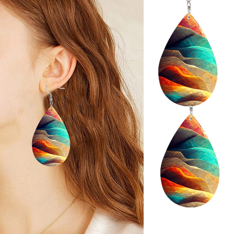 Colorful Mountain Print Teardrop Dangle Earrings Elegant Bohemian Style PU Leather Jewelry Daily Casual