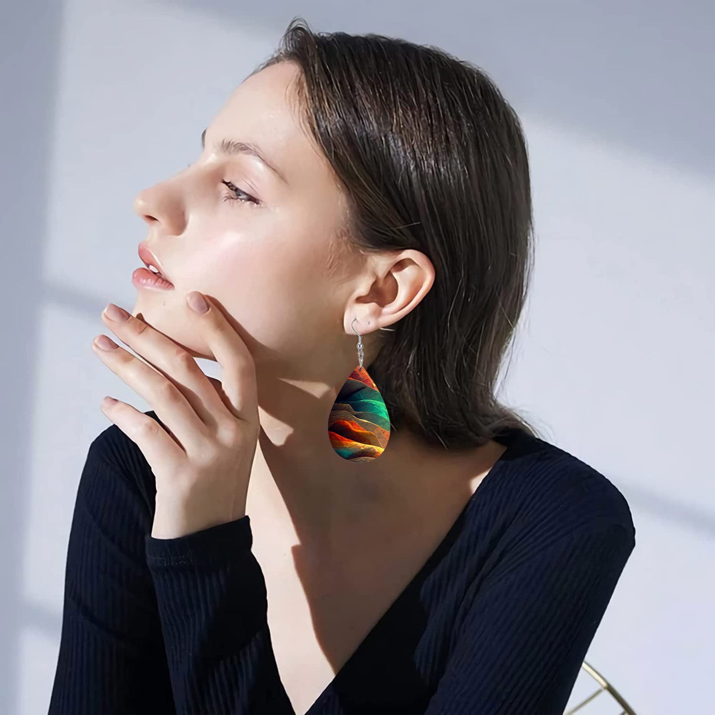 Colorful Mountain Print Teardrop Dangle Earrings Elegant Bohemian Style PU Leather Jewelry Daily Casual