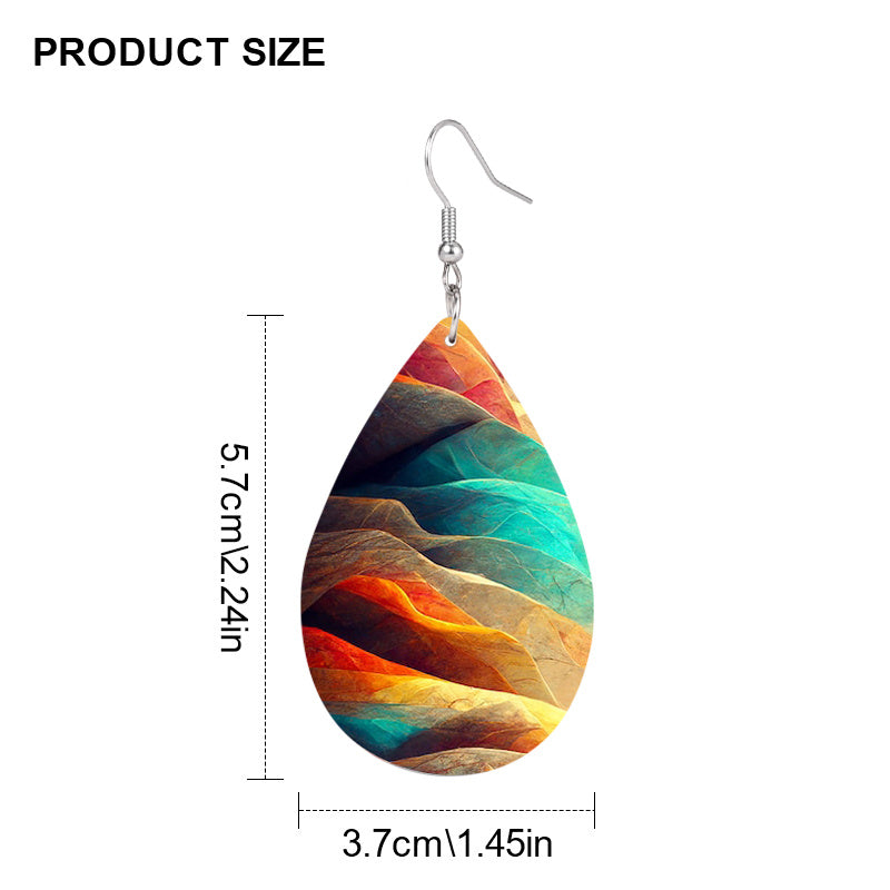 Colorful Mountain Print Teardrop Dangle Earrings Elegant Bohemian Style PU Leather Jewelry Daily Casual
