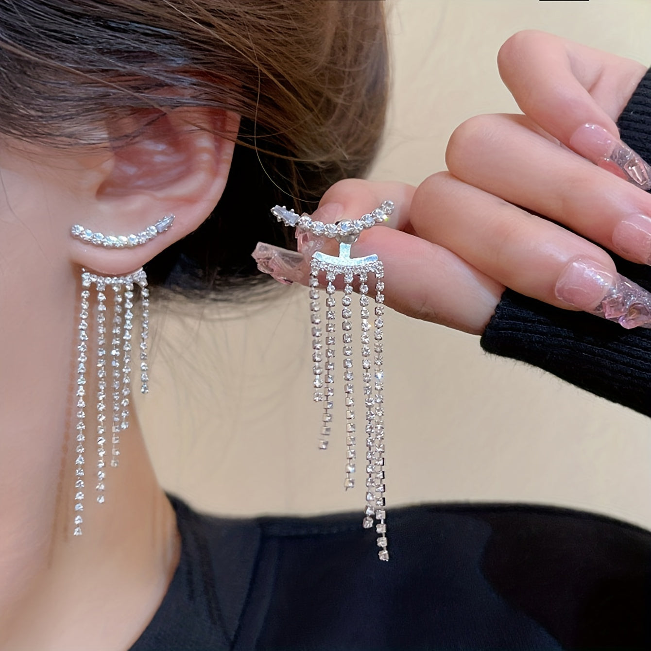 Luxurious Copper Silver Plated Tassel Dangle Earrings - Sparkling Inlaid Design, Elegant Chain Detail, Banquet-Worthy Ear Ornaments for Special Occasions - Hypoallergenic, Nickel-Free, and Durable Jewelry for Women