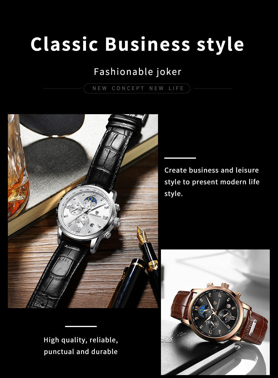 [LIGE Luxury Men Watch] LIGE Luxury Men Watch - PU Leather Chronograph Sport Quartz Wristwatch for Men - Christmas Gift