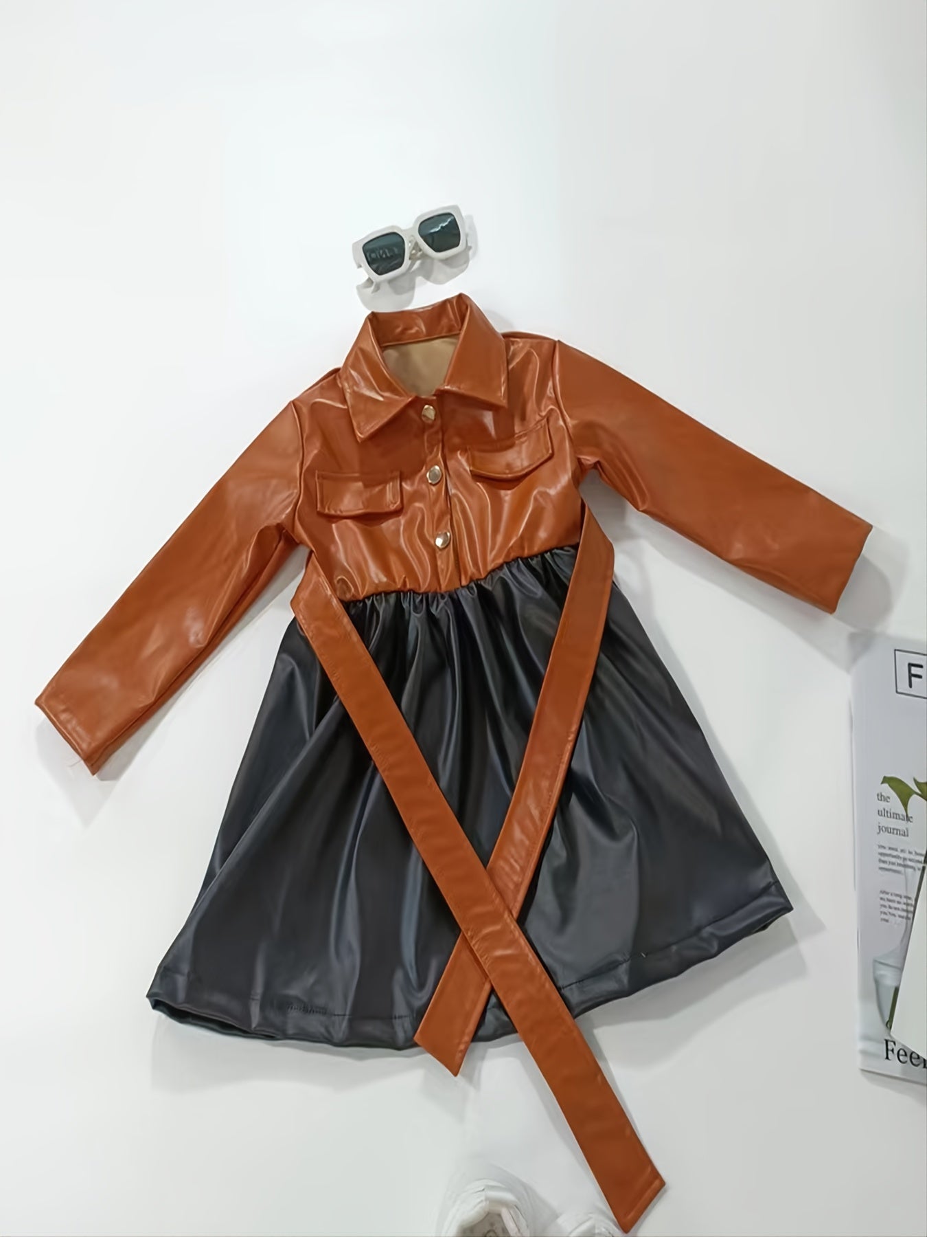 Vibrant Color Block PU Leather Dress for Girls - Stylish Button Lapel Design, Adjustable Belt, and Comfortable Fit for Kids' Everyday Wear