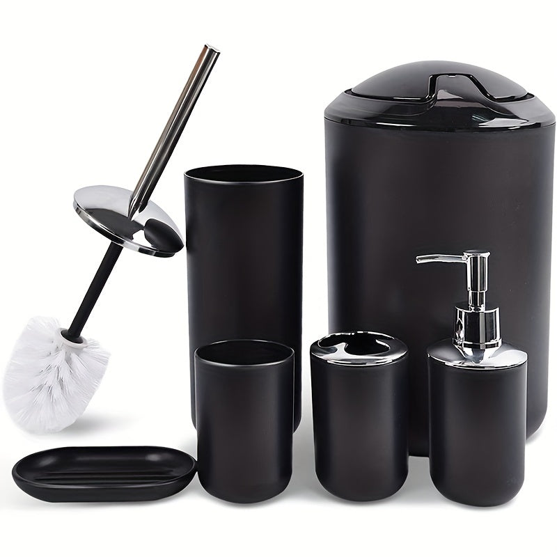 [Black Bathroom Set] 6pcs Black Bathroom Accessory Set - Plastic Soap Dispenser, Toothbrush Holder, Cup, Dish, Trash Can - No Electricity Needed, Family Gift Essentials