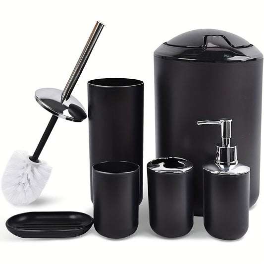 [Black Bathroom Set] 6pcs Black Bathroom Accessory Set - Plastic Soap Dispenser, Toothbrush Holder, Cup, Dish, Trash Can - No Electricity Needed, Family Gift Essentials