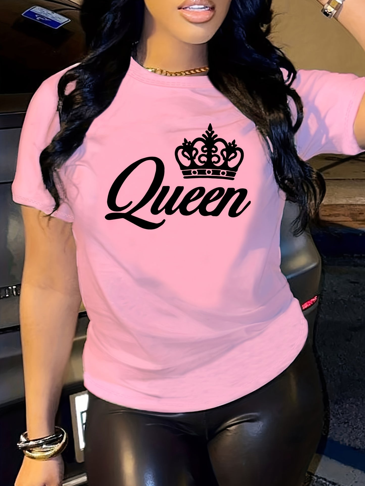 Crown Letter Print Crew Neck T-Shirt, Casual Short Sleeve T-Shirt For Spring & Summer, Women's Clothing
