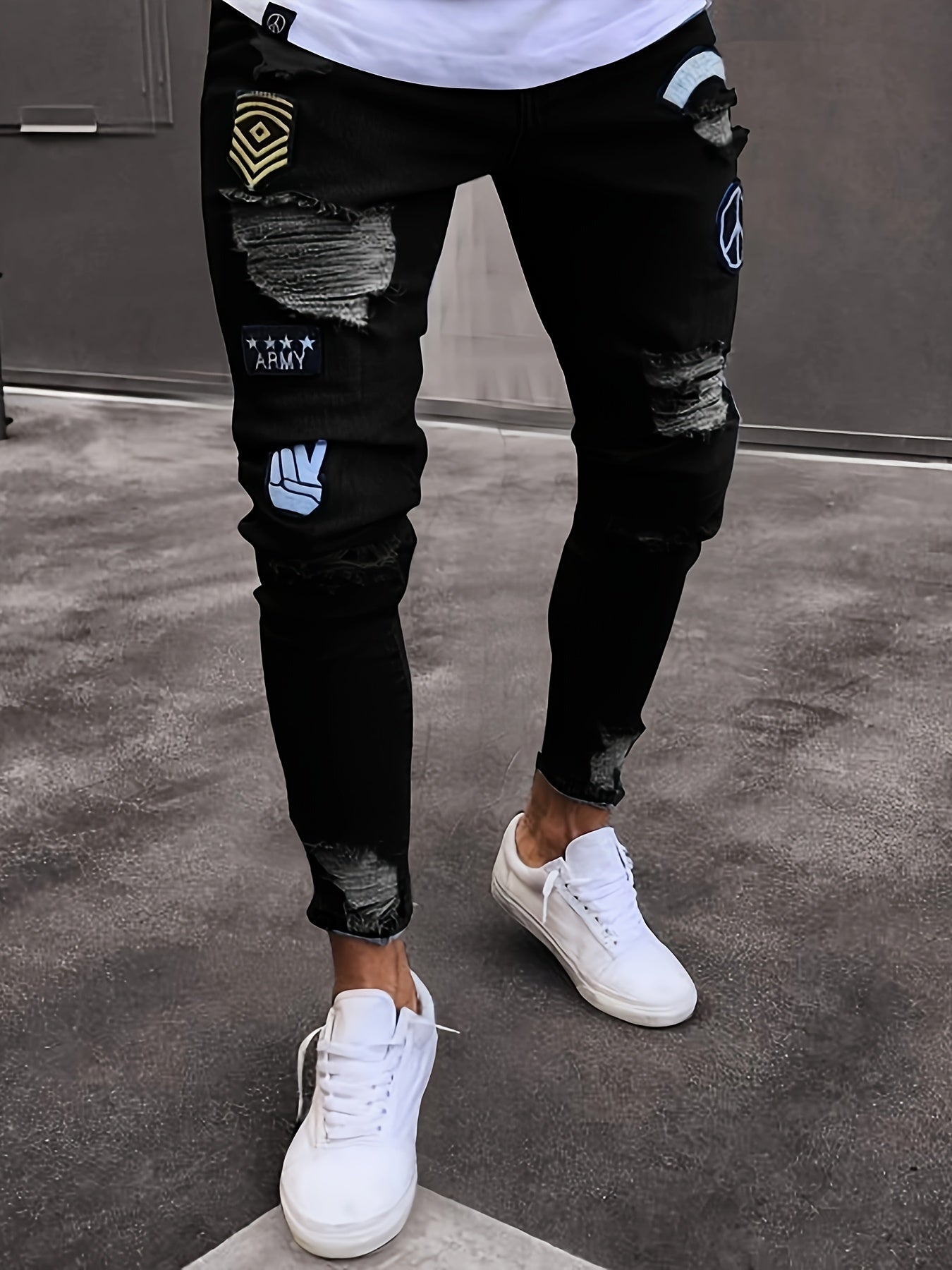 Men's Hip-Hop Style Slim Fit Stretch Denim Jeans with Distressed Details, Ripped Badge Accents - Mid-Rise, Raw Hem, Machine Washable, Grey