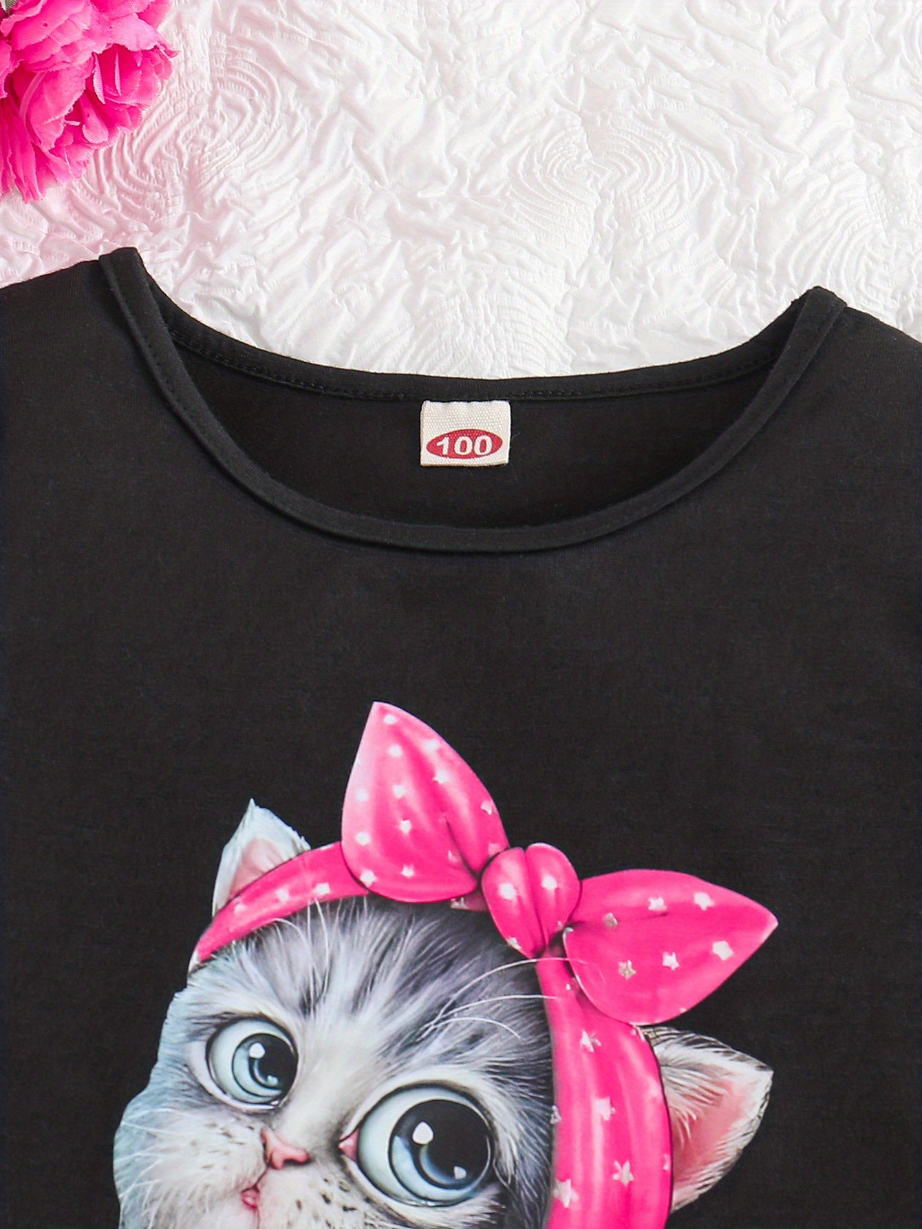 Summer Casual Round Neck Short Sleeve Printed Cat Pattern and Heart-Print Shor, Summer Outfit, Fashion, Cute Design, Playful Pattern, Soft Texture, Durable Clothing, 's Apparel, Little, 's Wear, Perfect for Outdoor