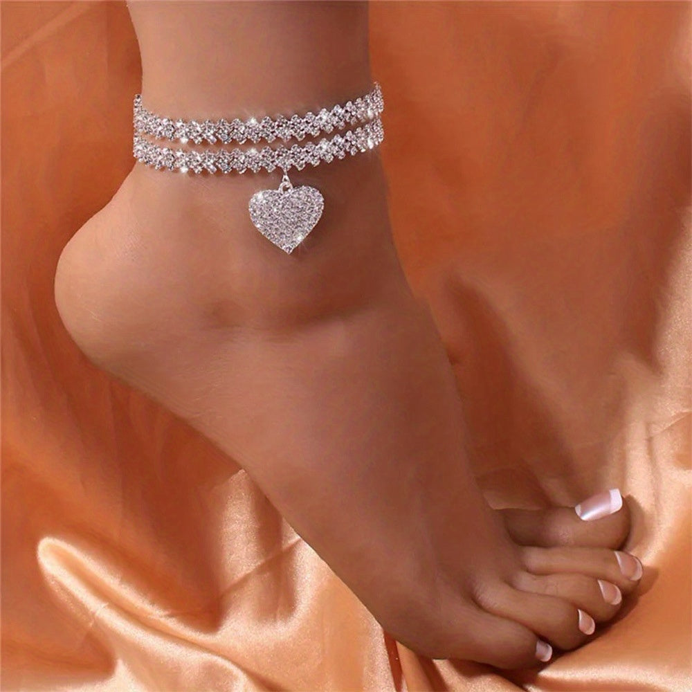Rhombus Heart Anklet Set - Double Layer Rhinestone, Bling Bling Chain, Love Heart Pendant, Adjustable Ankle Bracelet, Fashion Jewelry for Women, Gift Idea, Perfect for Any Occasion