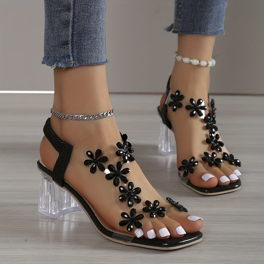 Glittering Flower Rhinestone Block Heel Sandals - Square Open Toe with Elastic Slip-On Straps - Dazzling High Heels for Versatile Fashion