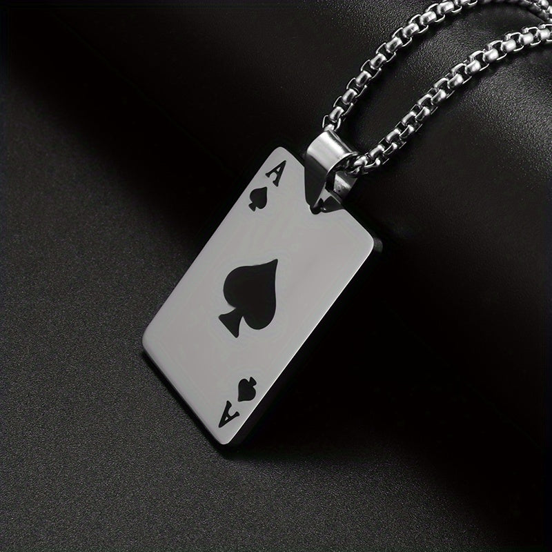 1pc Unique Men's Stainless Steel Chain Necklace with Intricately Designed Playing Cards Pendant - Fashionable Accessory for Men - Durable and Water-Resistant Jewelry