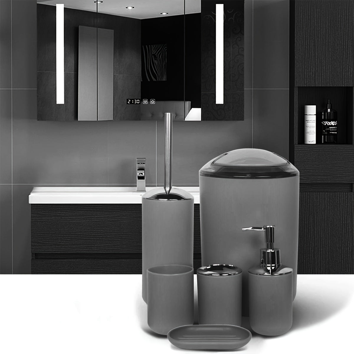 [Black Bathroom Set] 6pcs Black Bathroom Accessory Set - Plastic Soap Dispenser, Toothbrush Holder, Cup, Dish, Trash Can - No Electricity Needed, Family Gift Essentials