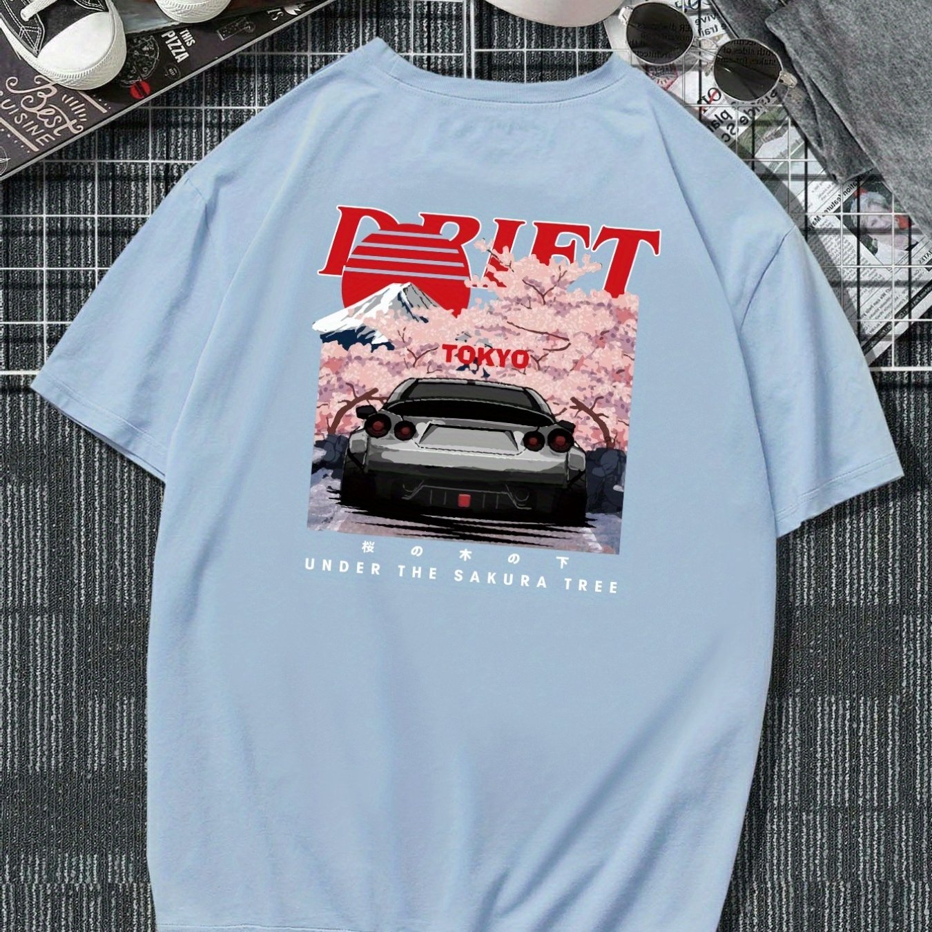 Plus Size Drift Car Men's Casual Trendy Graphic Print Comfortable Crew Neck Short Sleeve T-shirts, Summer Oversized Loose Tees