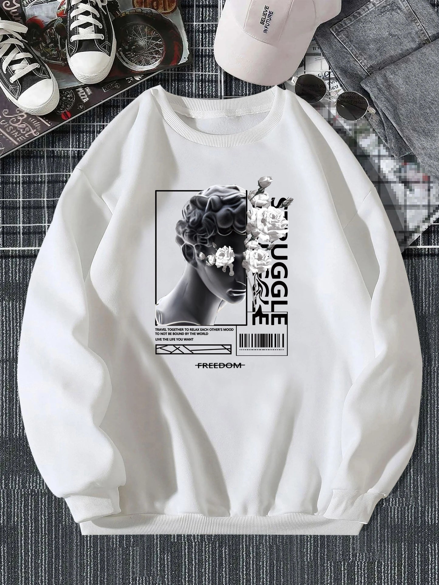 Men And Roses Print, Men's Casual Hoodie, Drawstring Pocket Hoodie