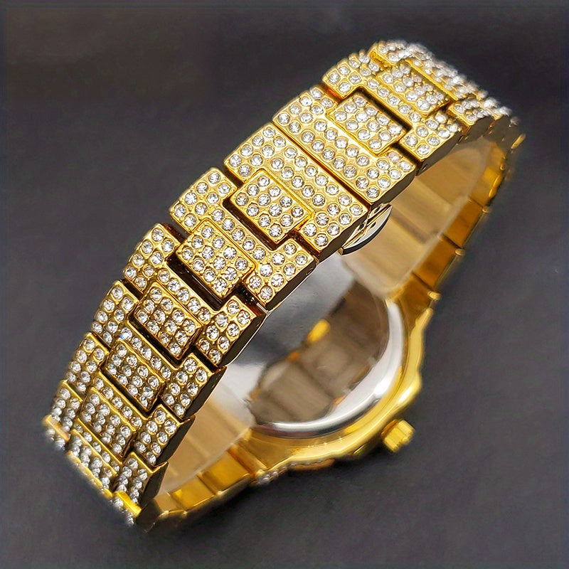Gold Watch For Men Diamond Iced Out Hip Hop Stylish Quartz Watches For Male Double Dial Heavry Waterproof Wristwatches Summer In