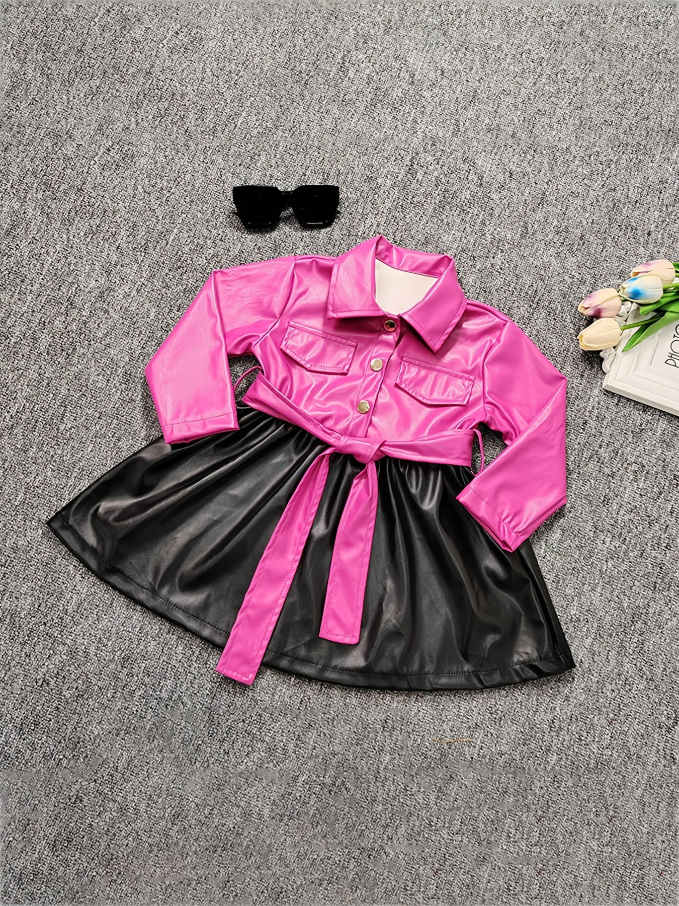 Vibrant Color Block PU Leather Dress for Girls - Stylish Button Lapel Design, Adjustable Belt, and Comfortable Fit for Kids' Everyday Wear