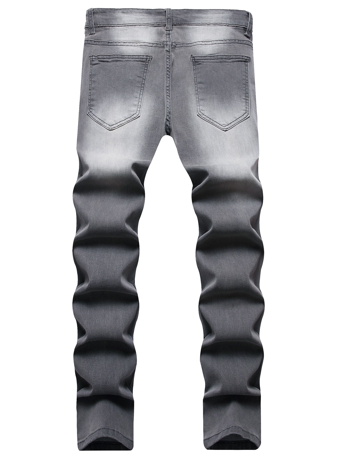 Men's Hip-Hop Style Slim Fit Stretch Denim Jeans with Distressed Details, Ripped Badge Accents - Mid-Rise, Raw Hem, Machine Washable, Grey