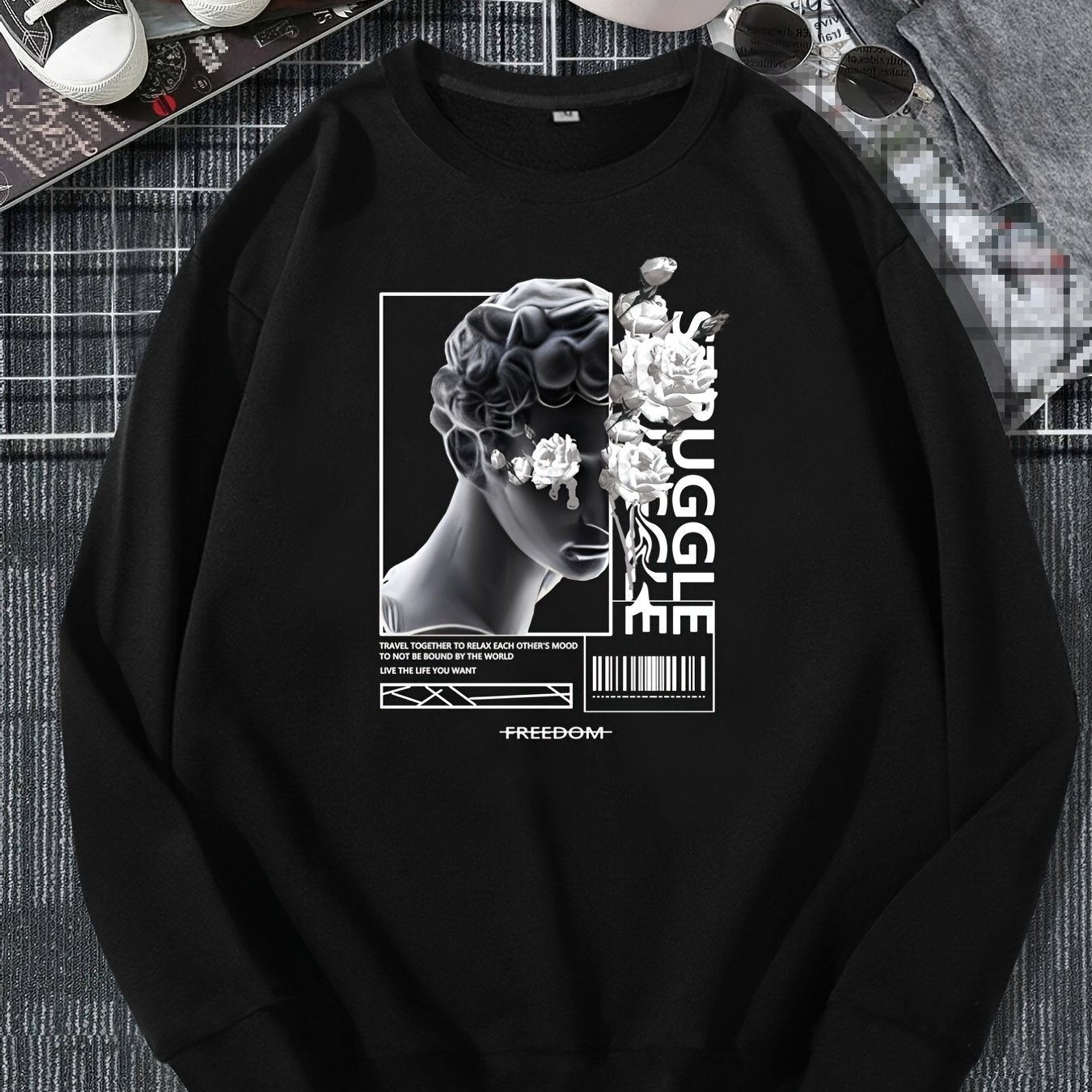 Men And Roses Print, Men's Casual Hoodie, Drawstring Pocket Hoodie