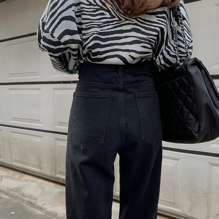 Plain High Rise High Waist Straight Jeans, Loose Fit Wide Legs Zipper Button Closure Boyfriends Jeans, Women's Denim Jeans & Clothing