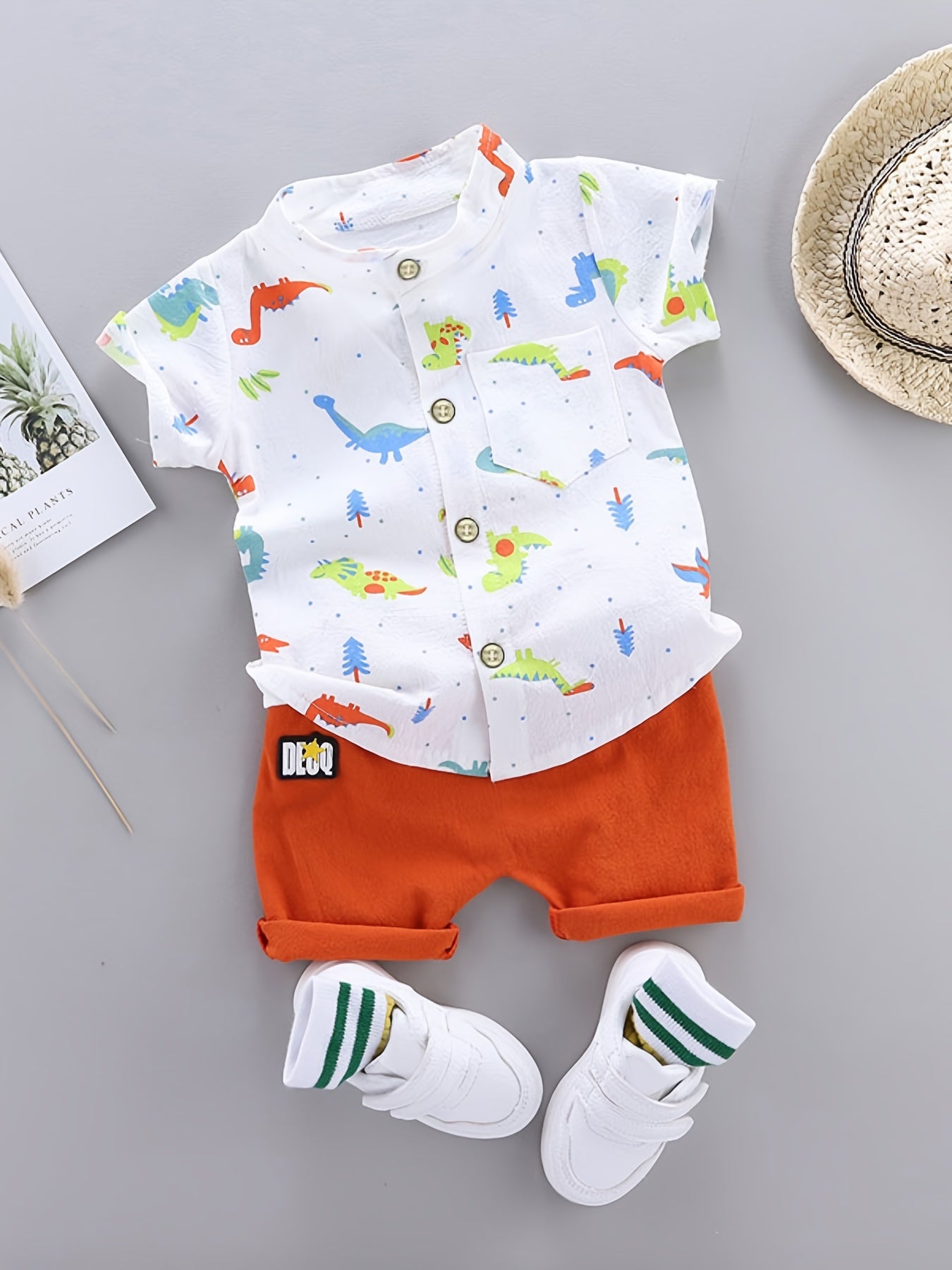 2pcs Toddler Dinosaur Print Short Sleeve Shirt & Shorts Set - Boys Summer Clothes, Elastic Waist, Button Front, Short Sets