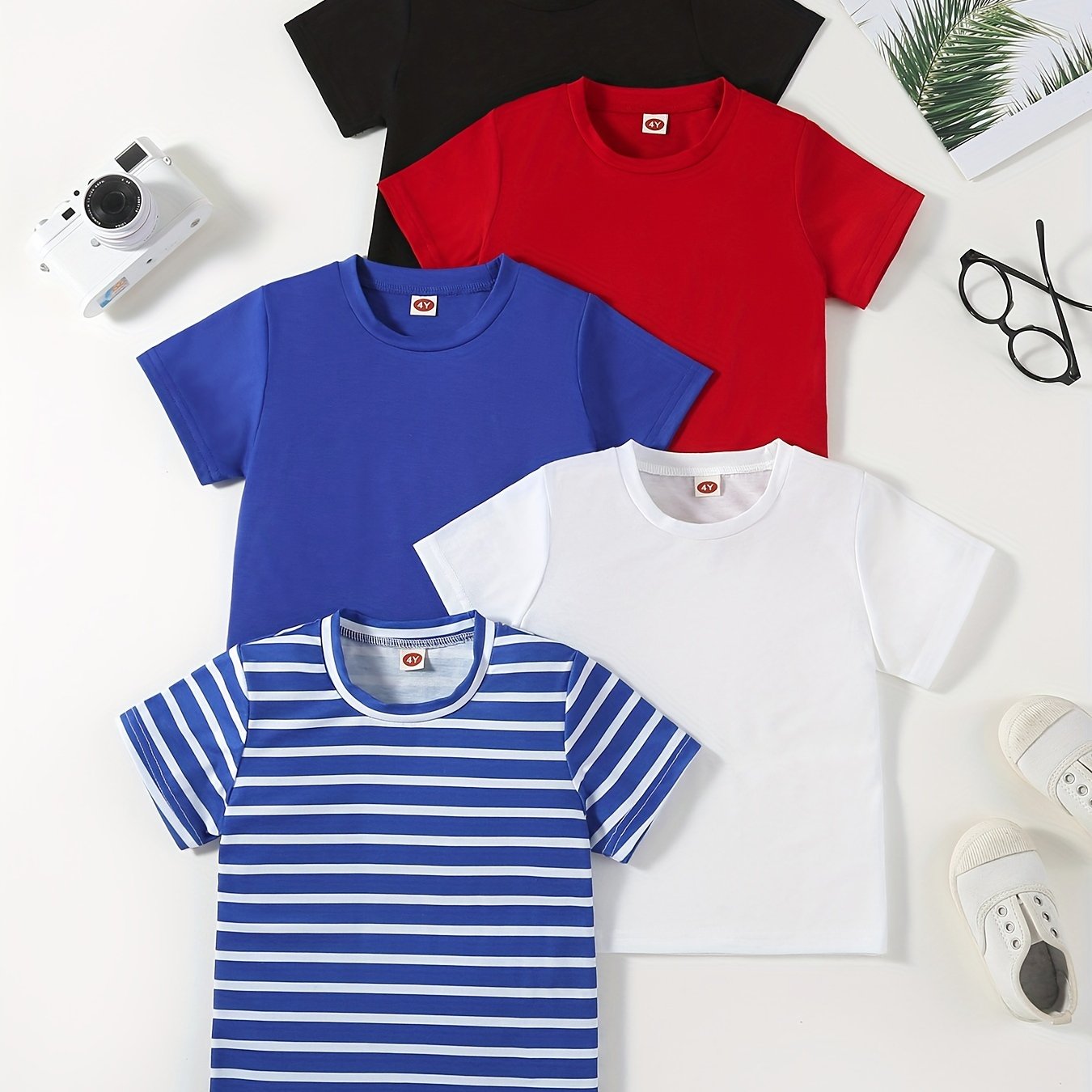 [Soft | Comfortable] 5pcs Soft & Comfortable Solid Color & Striped Round Neck T-shirt Tees Tops | Casual Boys And Girls Summer Clothes