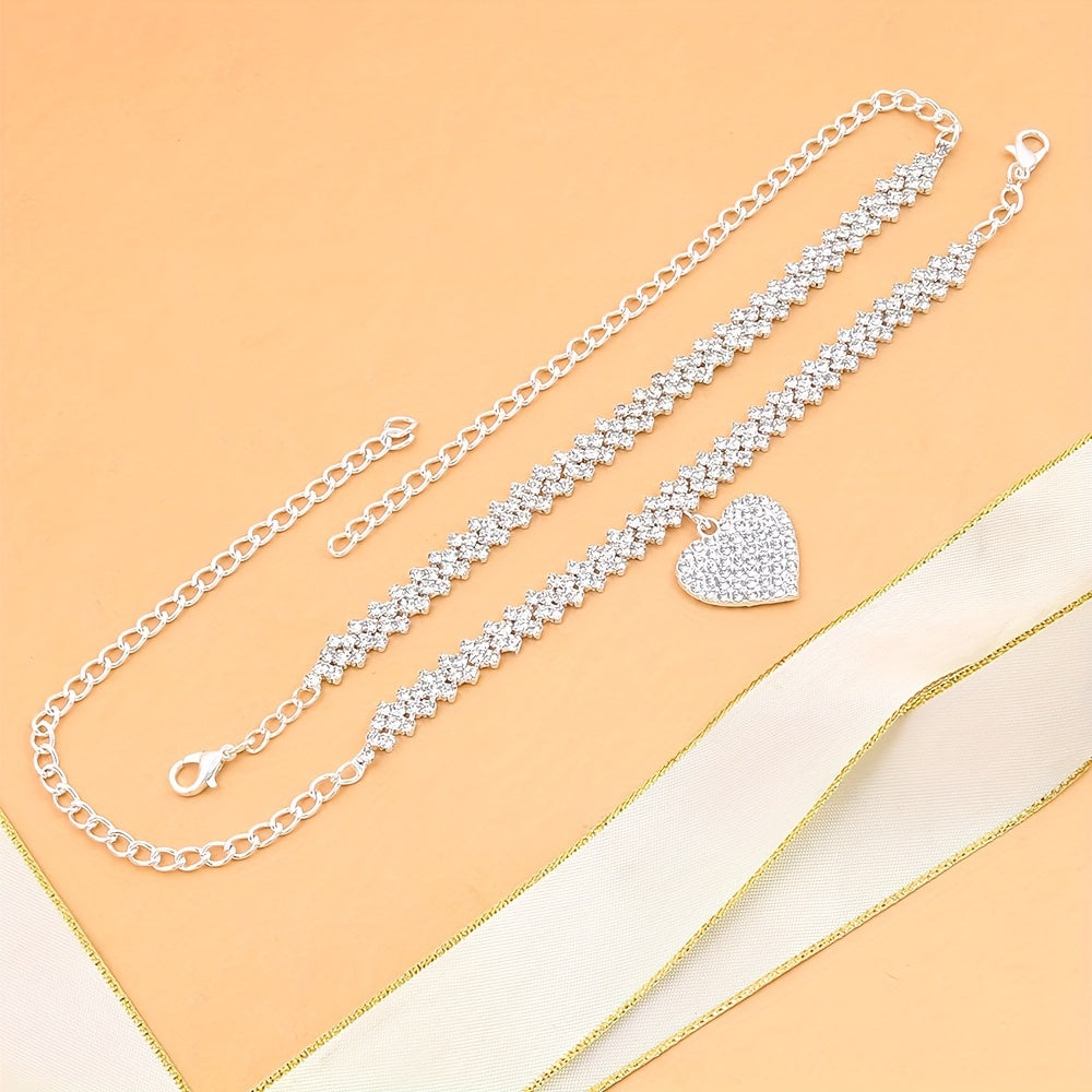 Rhombus Heart Anklet Set - Double Layer Rhinestone, Bling Bling Chain, Love Heart Pendant, Adjustable Ankle Bracelet, Fashion Jewelry for Women, Gift Idea, Perfect for Any Occasion