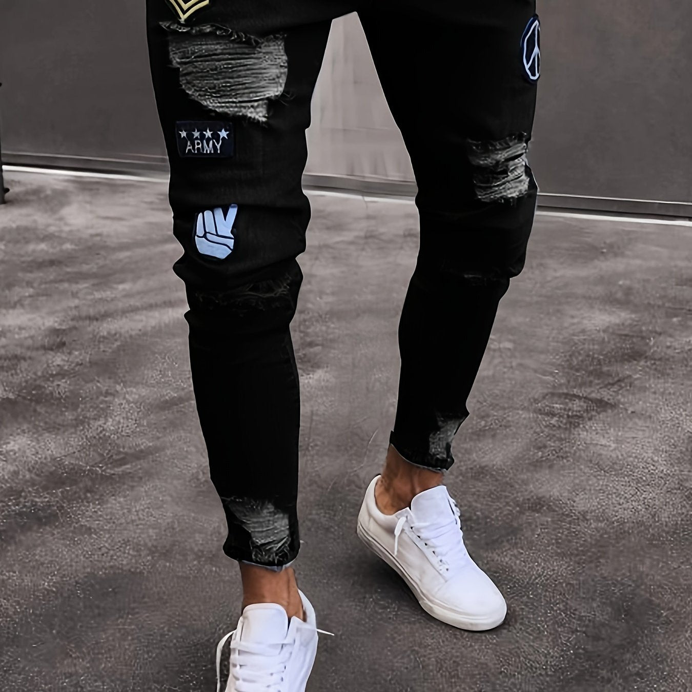 Men's Hip-Hop Style Slim Fit Stretch Denim Jeans with Distressed Details, Ripped Badge Accents - Mid-Rise, Raw Hem, Machine Washable, Grey