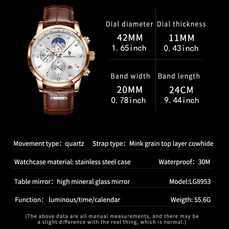 [LIGE Luxury Men Watch] LIGE Luxury Men Watch - PU Leather Chronograph Sport Quartz Wristwatch for Men - Christmas Gift