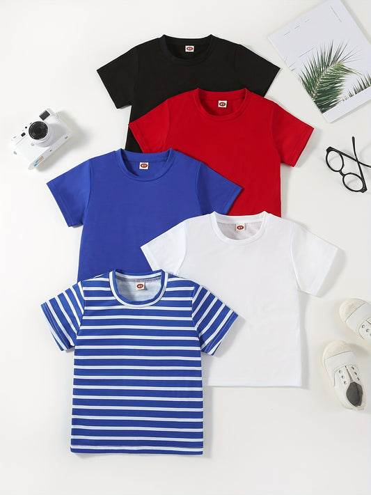[Soft | Comfortable] 5pcs Soft & Comfortable Solid Color & Striped Round Neck T-shirt Tees Tops | Casual Boys And Girls Summer Clothes