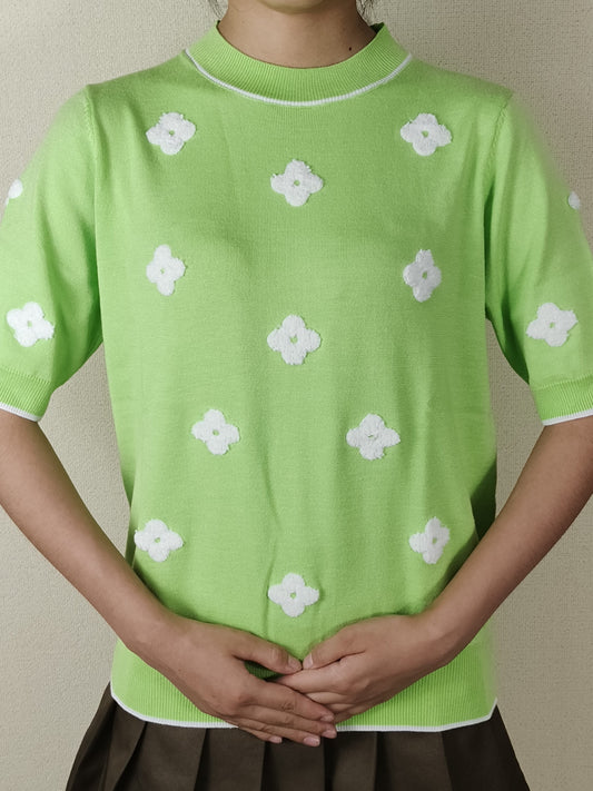 Valentine's Day Floral Print Knit Sweater, Casual Crew Neck Half Sleeve Sweater For Spring & Summer, Women's Clothing