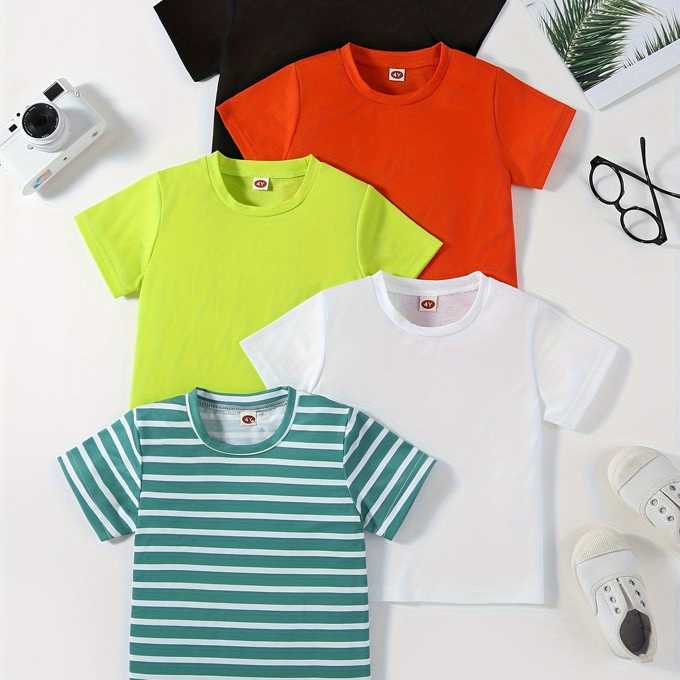 [Soft | Comfortable] 5pcs Soft & Comfortable Solid Color & Striped Round Neck T-shirt Tees Tops | Casual Boys And Girls Summer Clothes