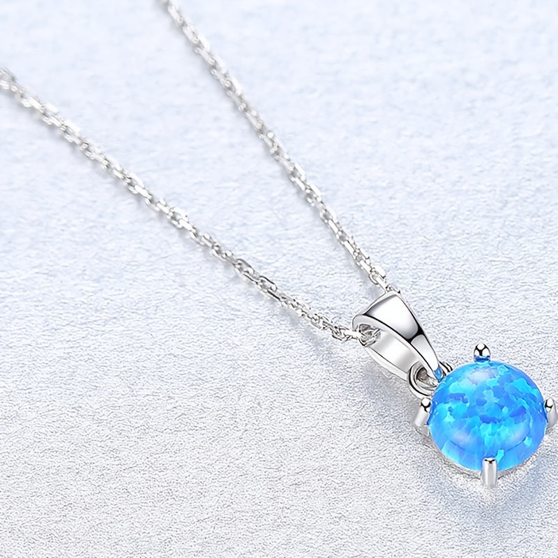 925 Sterling Silvery Synthetic Opal Pendant Necklace for Women, Elegant/Sexy Style, Golden Chain Jewelry Accessory
