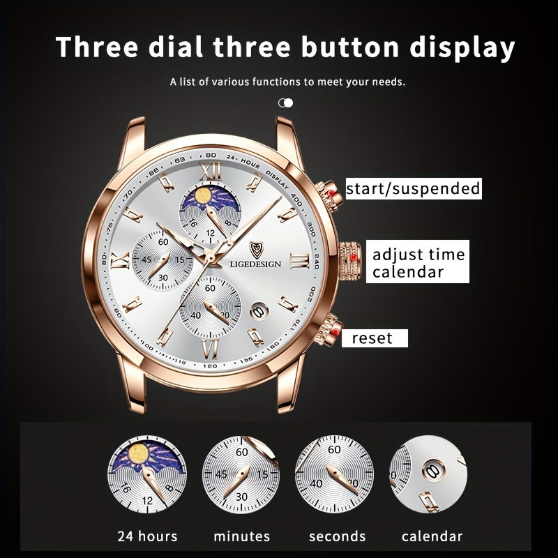[LIGE Luxury Men Watch] LIGE Luxury Men Watch - PU Leather Chronograph Sport Quartz Wristwatch for Men - Christmas Gift