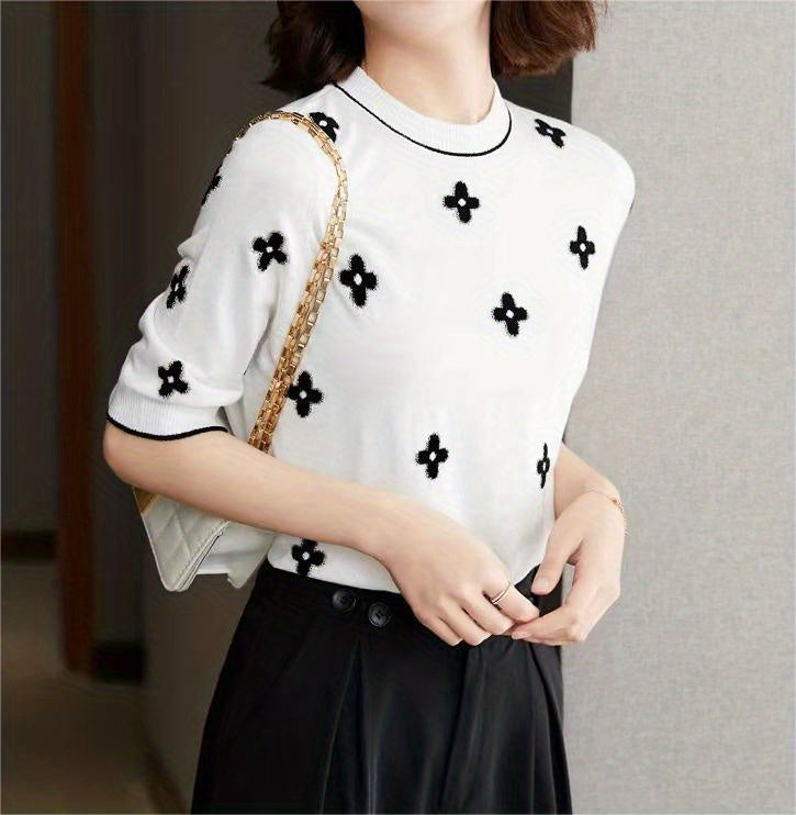 Valentine's Day Floral Print Knit Sweater, Casual Crew Neck Half Sleeve Sweater For Spring & Summer, Women's Clothing