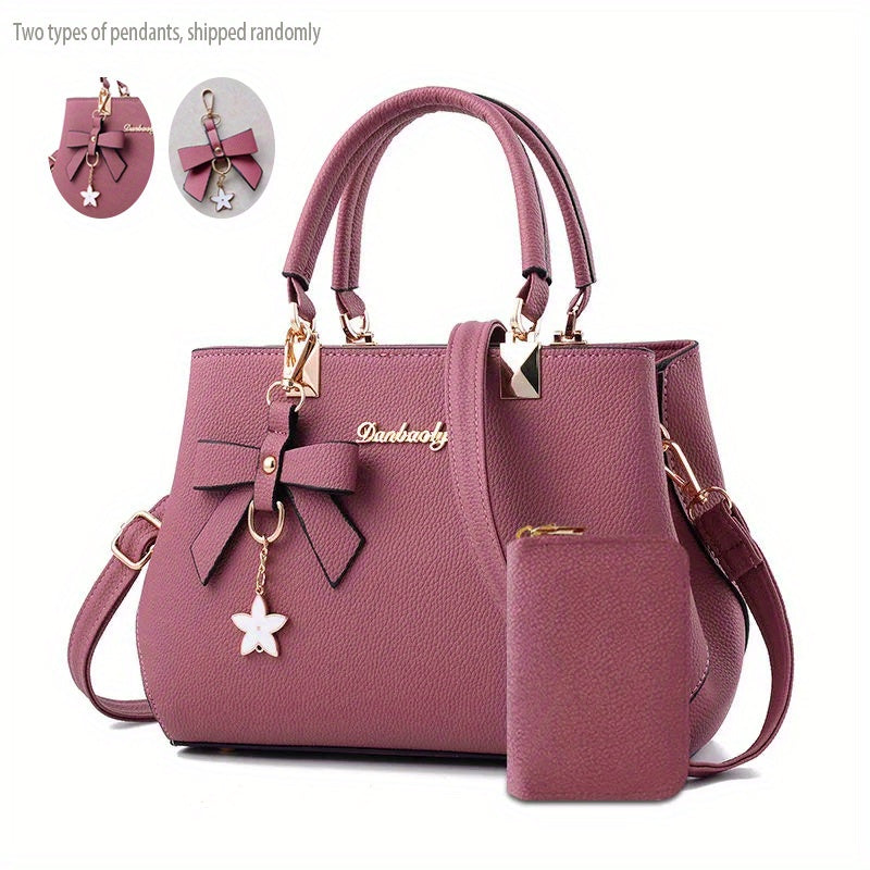 Chic Bow Decor Crossbody Bag for Women - Versatile Top Handle Satchel with Coin Purse, Adjustable Strap, and Zip Closure - Available in Khaki, Dark Pink, Light Blue, Black - Synthetic Material with Acrylic Lining, Cute Handba