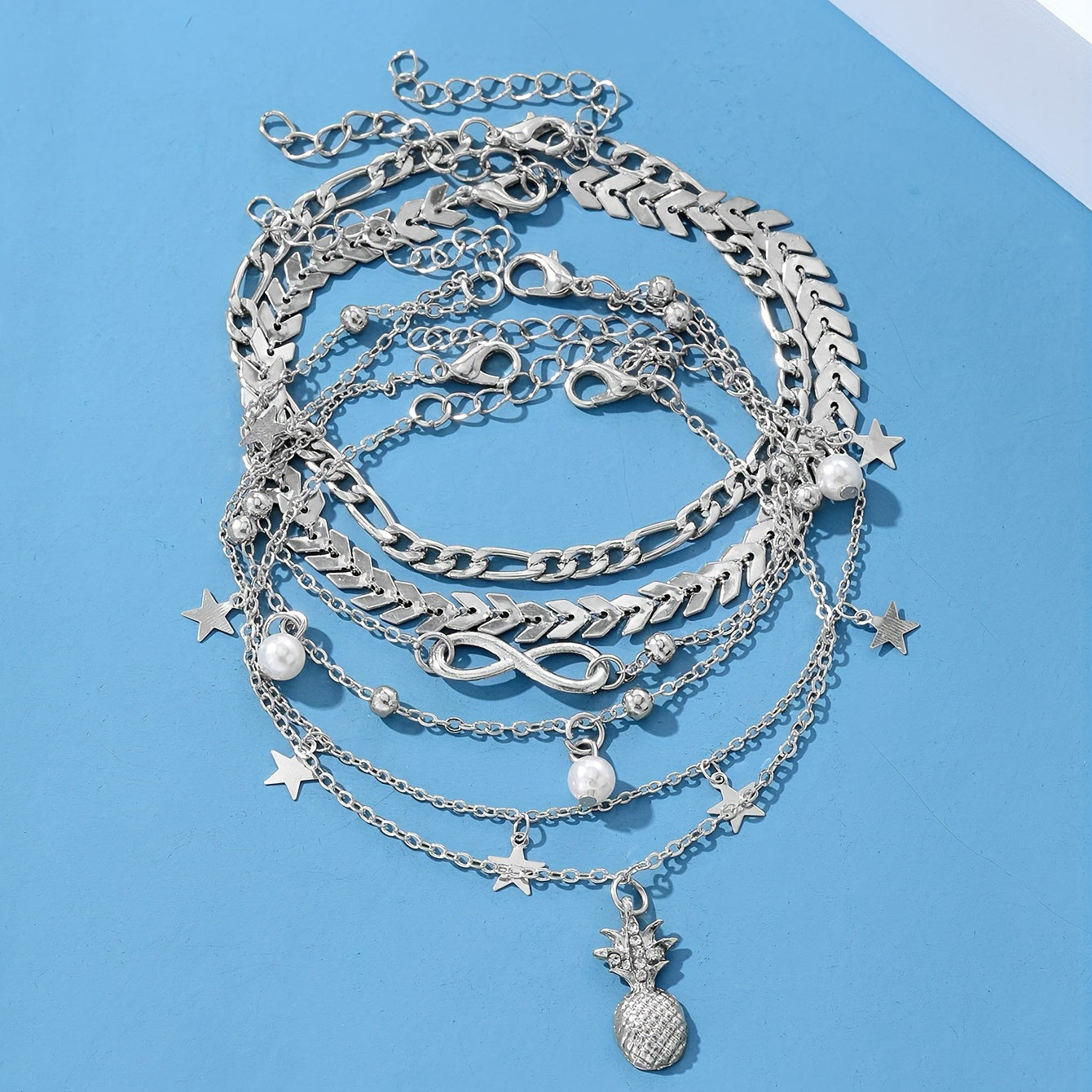 Vintage Golden Pineapple Faux Pearl Charm Anklet 5pcs/Set