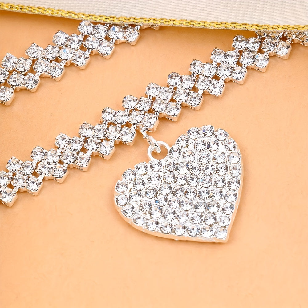 Rhombus Heart Anklet Set - Double Layer Rhinestone, Bling Bling Chain, Love Heart Pendant, Adjustable Ankle Bracelet, Fashion Jewelry for Women, Gift Idea, Perfect for Any Occasion
