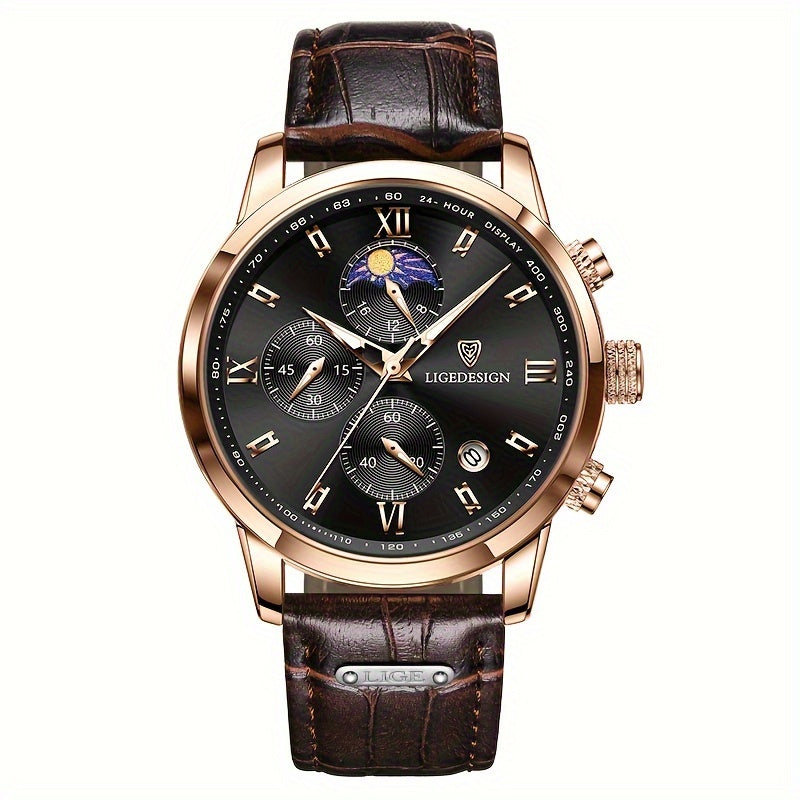 [LIGE Luxury Men Watch] LIGE Luxury Men Watch - PU Leather Chronograph Sport Quartz Wristwatch for Men - Christmas Gift
