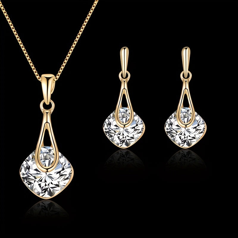Luxurious Inlaid Square Shape Crystal Jewelry Set - Exquisite Pendant Necklace & Drop Earrings for Women - Perfect Prom Costume Jewelry with Artificial Crystal Accents and Elegant Design