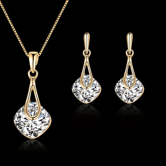 Luxurious Inlaid Square Shape Crystal Jewelry Set - Exquisite Pendant Necklace & Drop Earrings for Women - Perfect Prom Costume Jewelry with Artificial Crystal Accents and Elegant Design