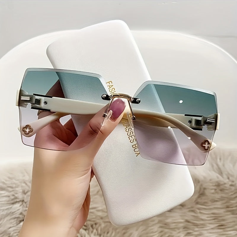 Rimless Square Fashion For Women Men Gradient Lens Cut Edge Glasses Metal Flower Decor Hollow Temple Eyewear