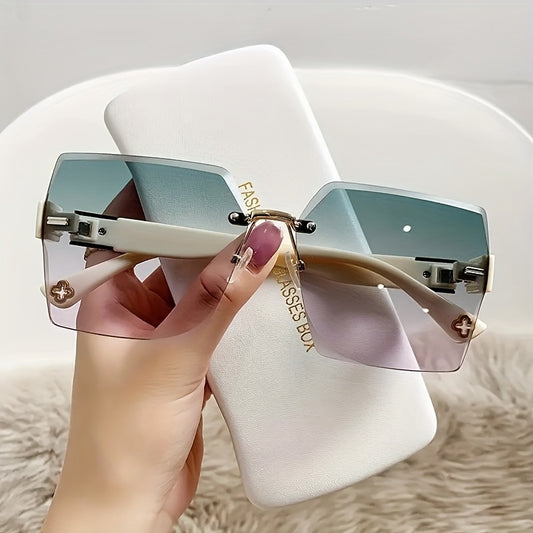 Rimless Square Fashion For Women Men Gradient Lens Cut Edge Glasses Metal Flower Decor Hollow Temple Eyewear