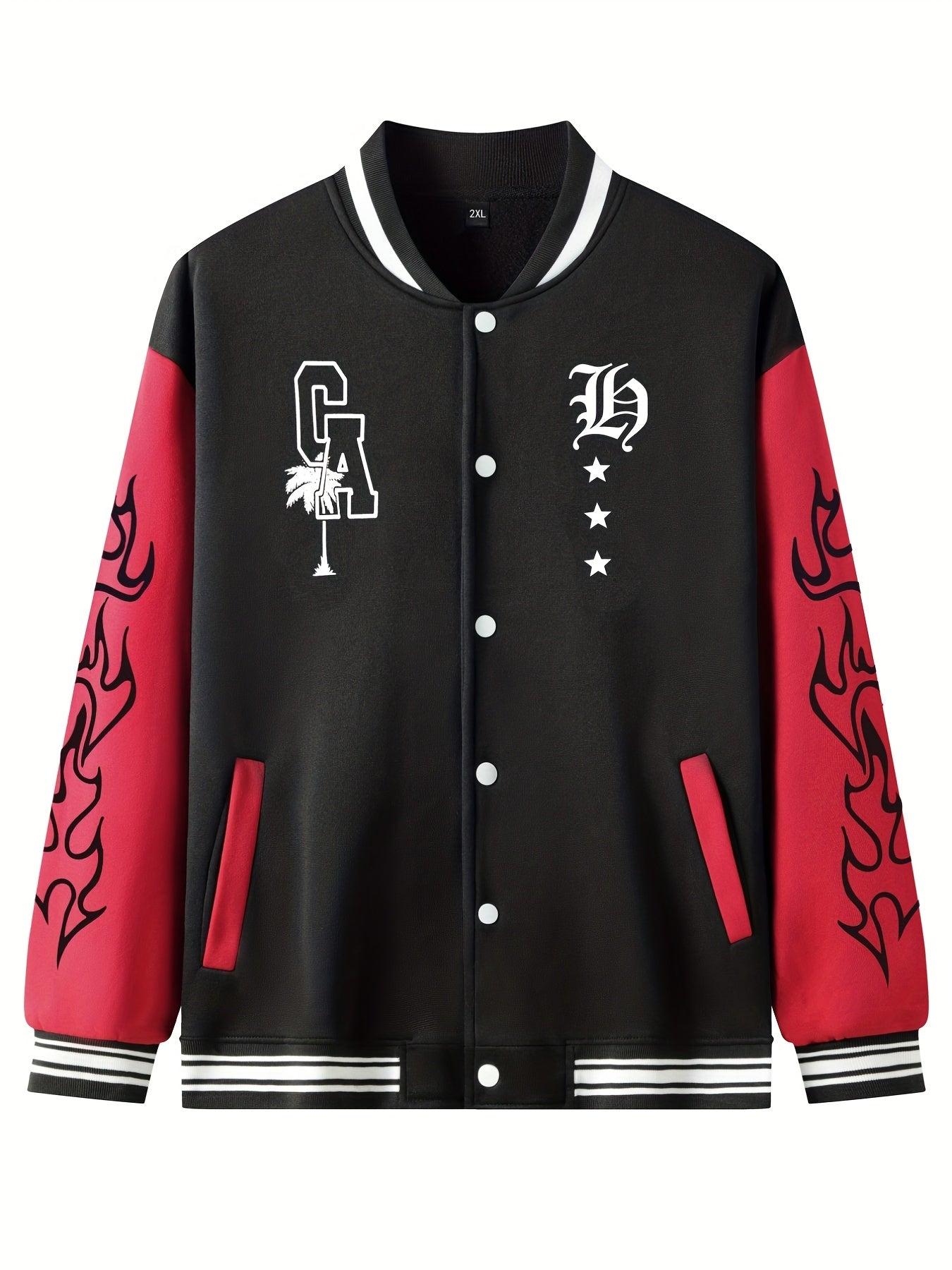 Warm Letter Print Star Pattern Embroidery Varsity Jacket, Men's Casual Color Block Button Up Jacket For Spring Fall School Baseball