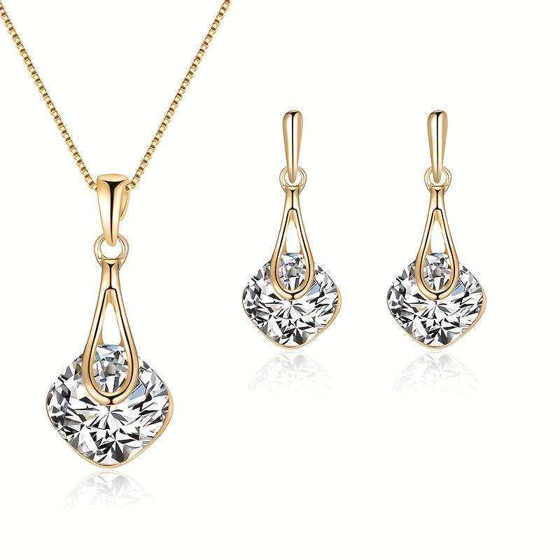 Luxurious Inlaid Square Shape Crystal Jewelry Set - Exquisite Pendant Necklace & Drop Earrings for Women - Perfect Prom Costume Jewelry with Artificial Crystal Accents and Elegant Design