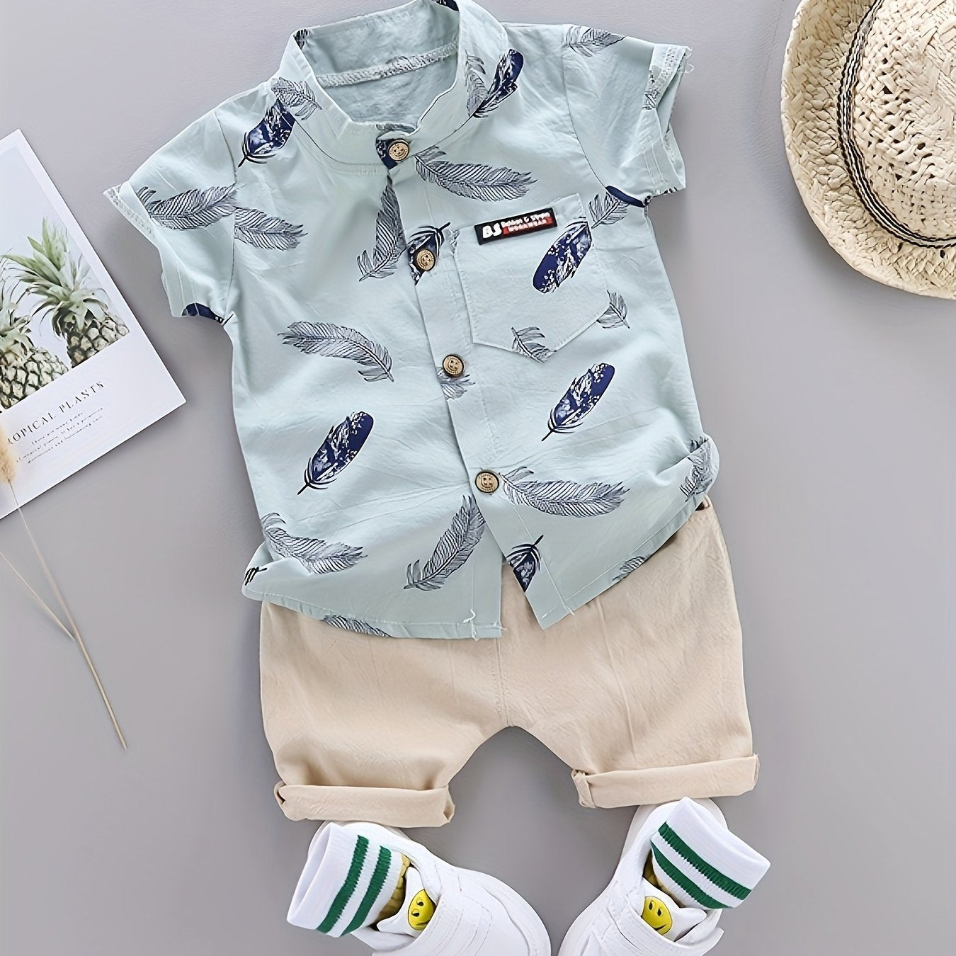 2pcs Baby Boys Casual Feather Pattern Short Sleeve Shirt & Shorts Set Clothes Outdoor Set
