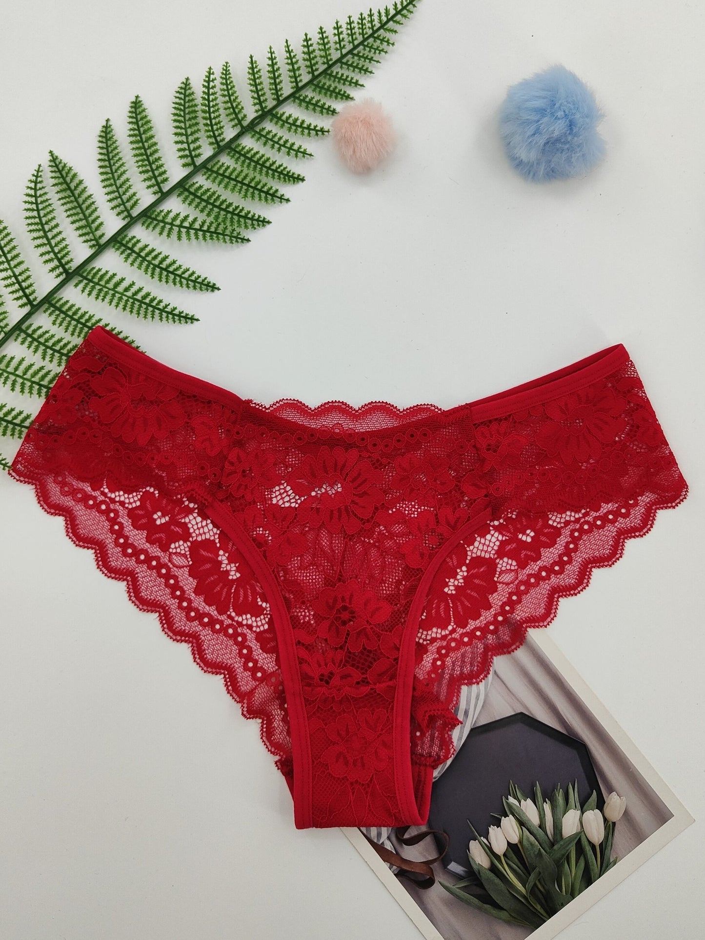 4 Pcs Women's Elegant Sheer Jacquard Lace Bikini Panties, Mid Stretch Low Waist Panties, Women's Lingerie & Underwear