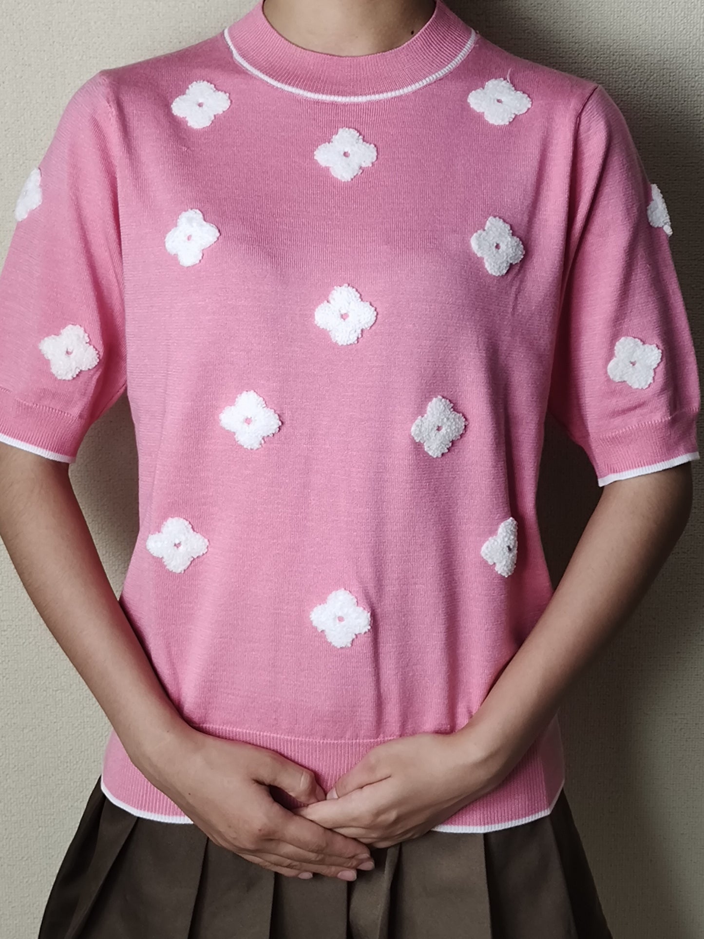 Valentine's Day Floral Print Knit Sweater, Casual Crew Neck Half Sleeve Sweater For Spring & Summer, Women's Clothing