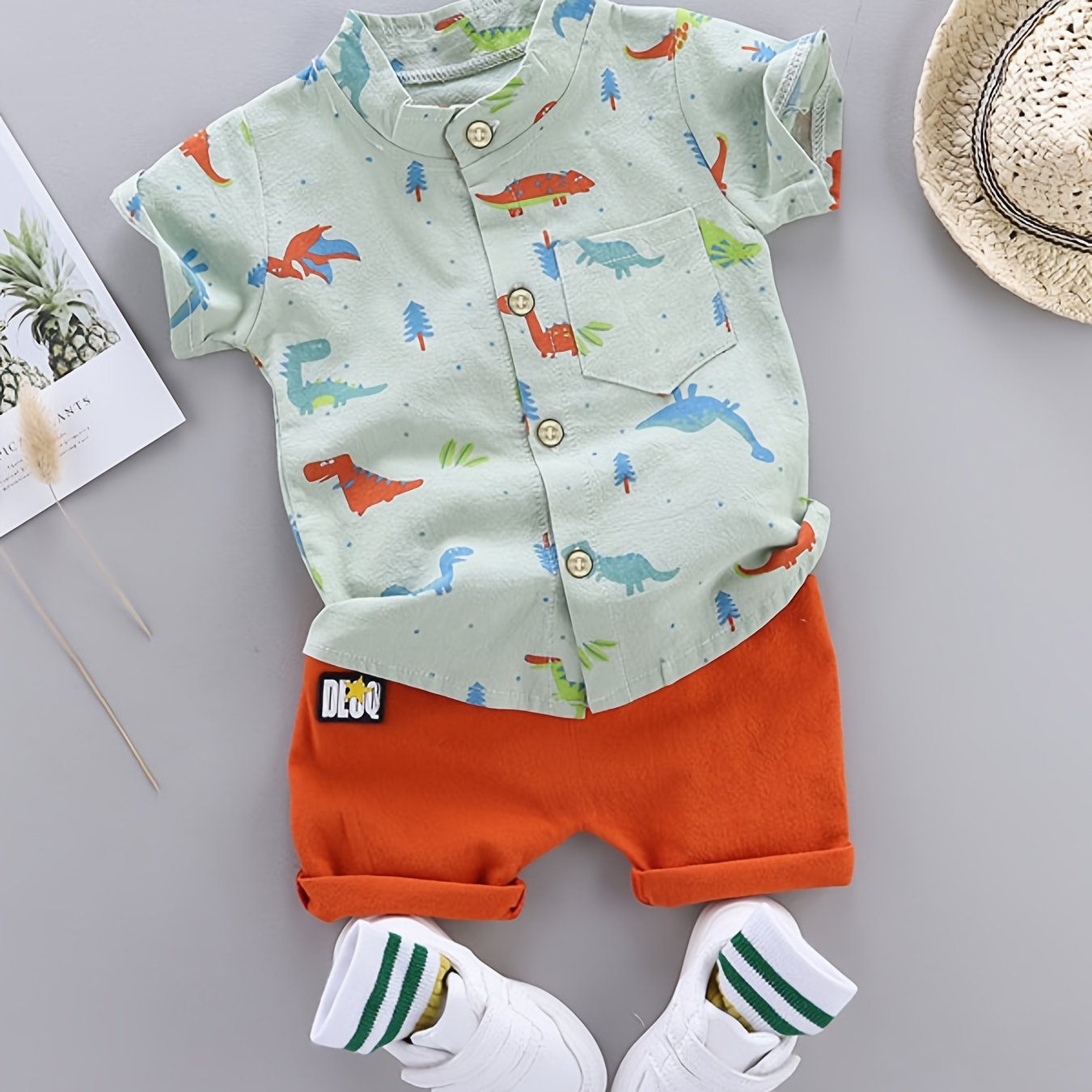 2pcs Toddler Dinosaur Print Short Sleeve Shirt & Shorts Set - Boys Summer Clothes, Elastic Waist, Button Front, Short Sets