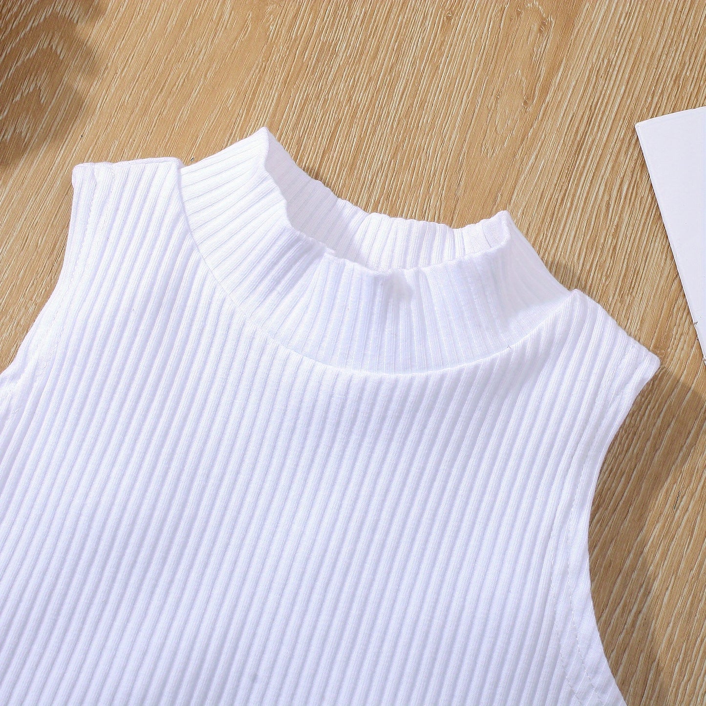 2pcs Toddler Girls Summer Outfit - Skirt Sets with Turtleneck Ribbed Knit Tank Top, Ruffled Hem Pleated Button Belted Denim Skirt, K-pop Inspired, Kids Clothing for Summer Season