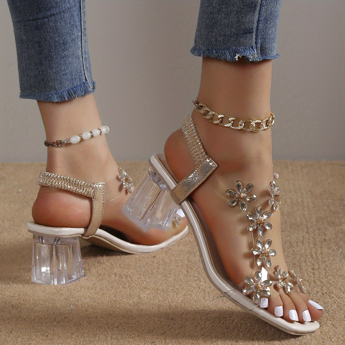 Glittering Flower Rhinestone Block Heel Sandals - Square Open Toe with Elastic Slip-On Straps - Dazzling High Heels for Versatile Fashion